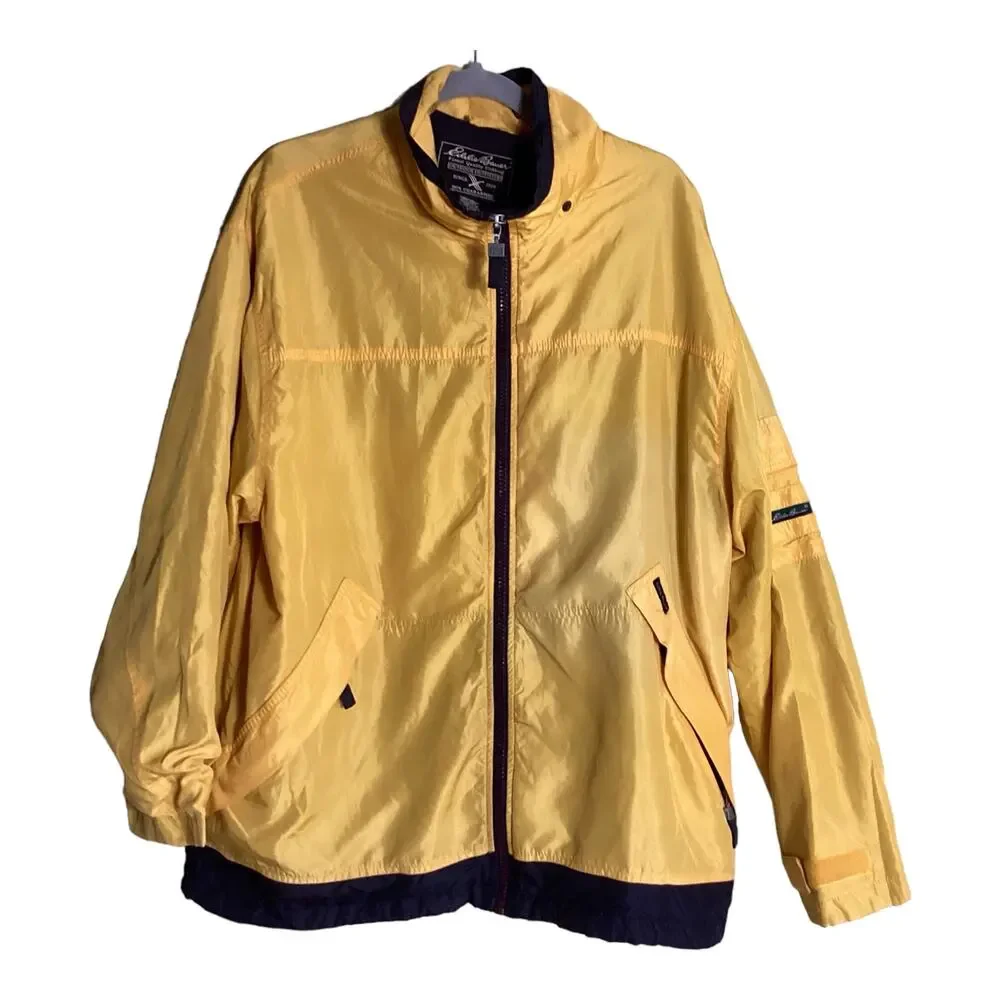 Eddie Bauer Vntg Men Yellow Rain Jacket Vented Lined Zip Front Mens Lrg EUC
